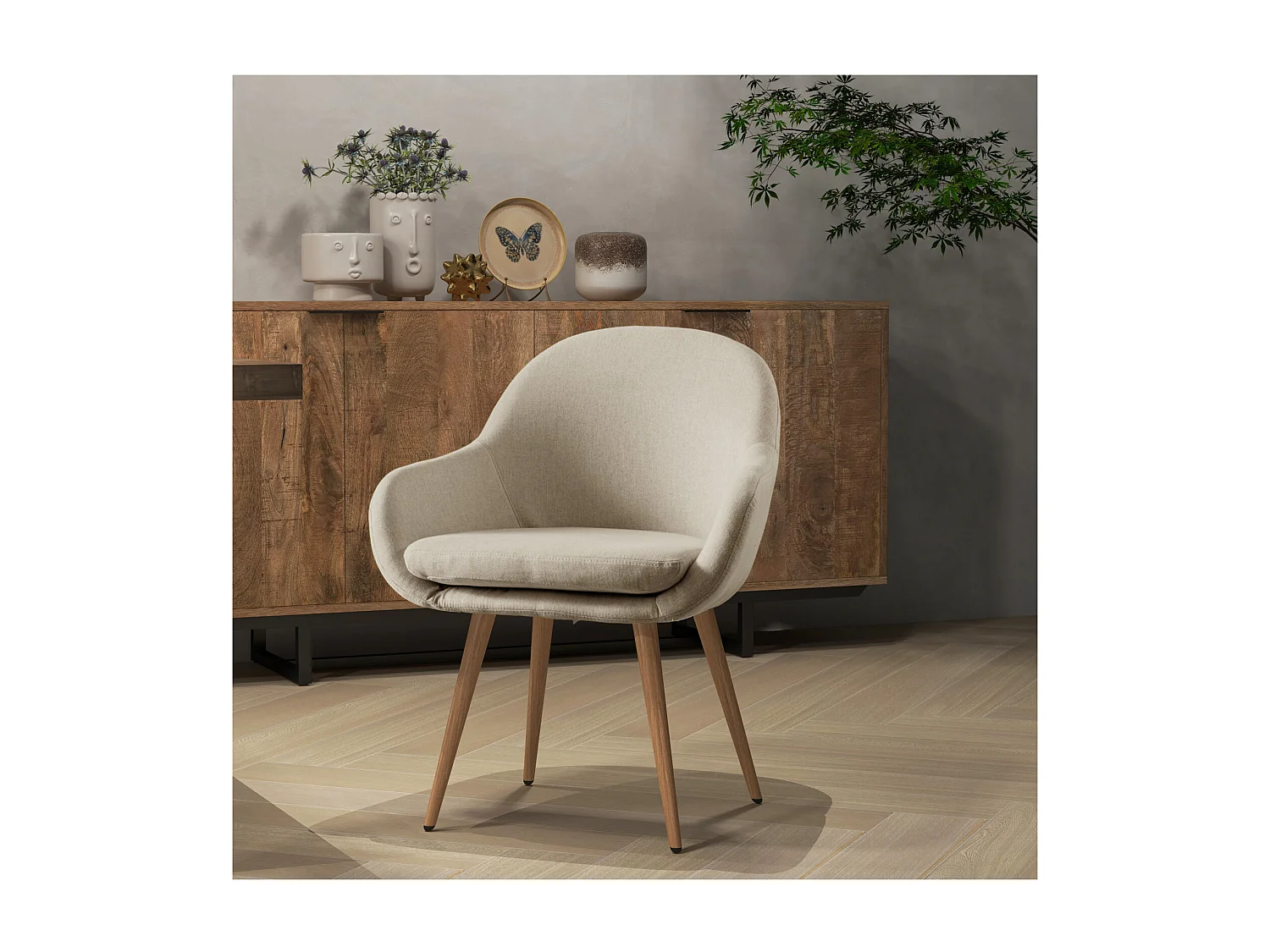 CANCUN-Sedia tessuto grigio gambe metallo effetto legno (x2)