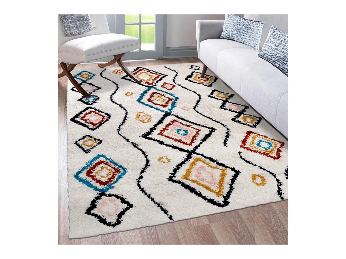 Tapis berbère 150x220 tissé motifs ethno-chic EFAL-D crème et rouge