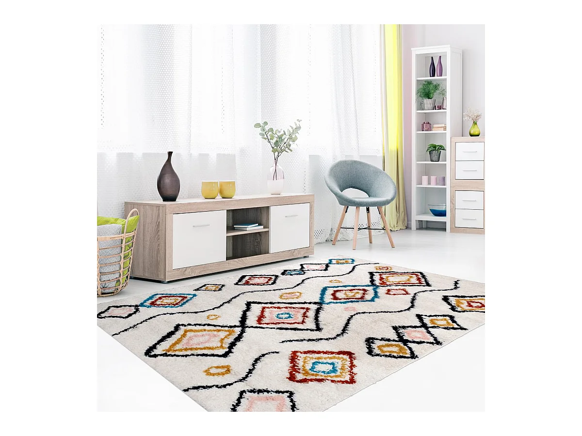 Tapis berbère 150x220 tissé motifs ethno-chic EFAL-D crème et rouge