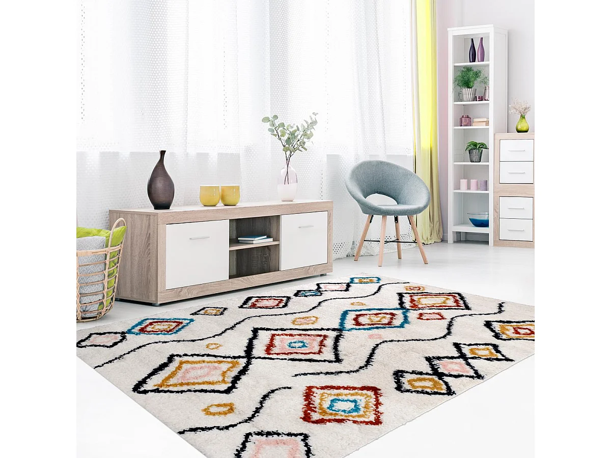 Tapis berbère 120x170 tissé motifs ethno-chic EFAL-D crème et rouge