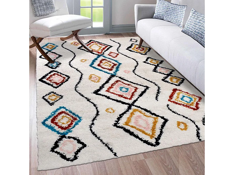 Tapis berbère 120x170 tissé motifs ethno-chic EFAL-D crème et rouge