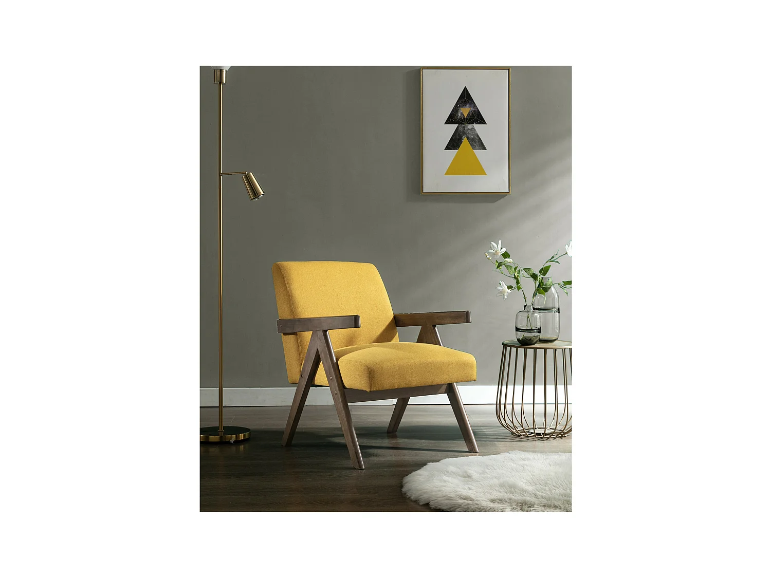 WARREN-Fauteuil lounge en tissu Moutarde et bois teinté noyer gris