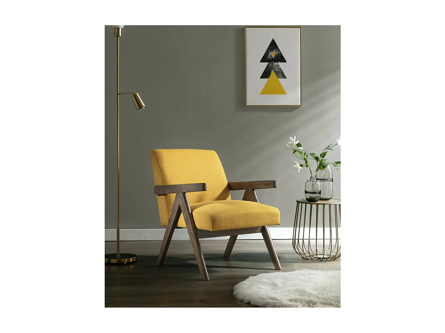 WARREN-Fauteuil lounge en tissu Moutarde et bois teinté noyer gris