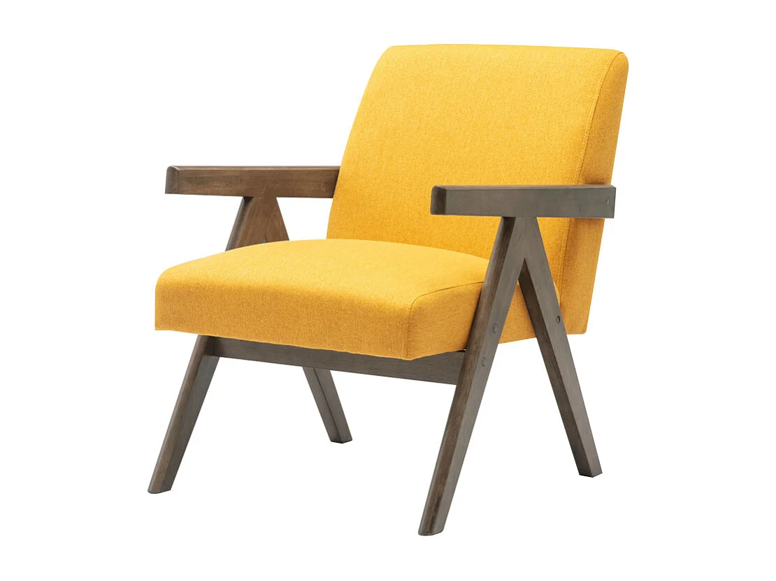 WARREN-Fauteuil lounge en tissu Moutarde et bois teinté noyer gris