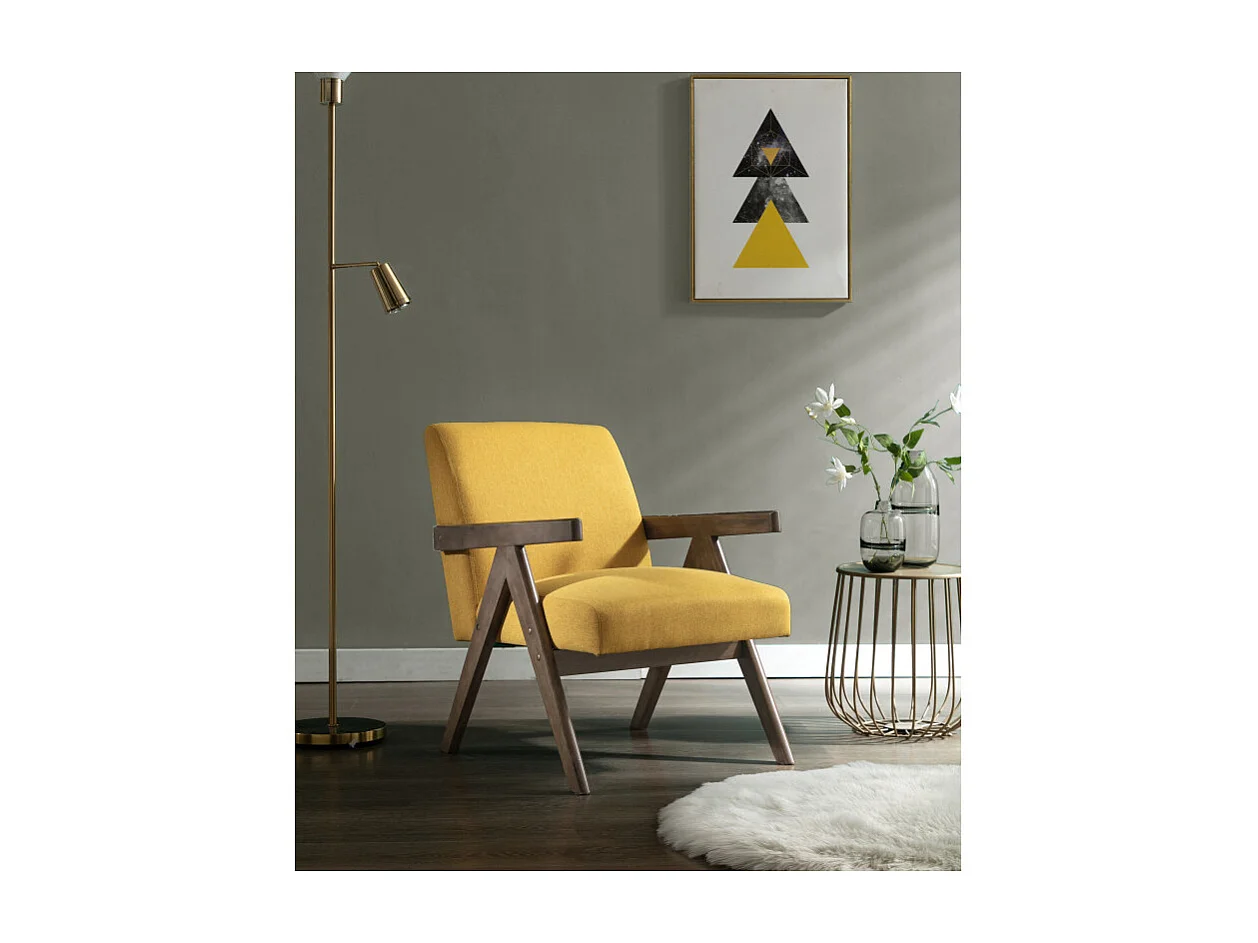 WARREN-Fauteuil lounge en tissu Moutarde et bois teinté noyer gris