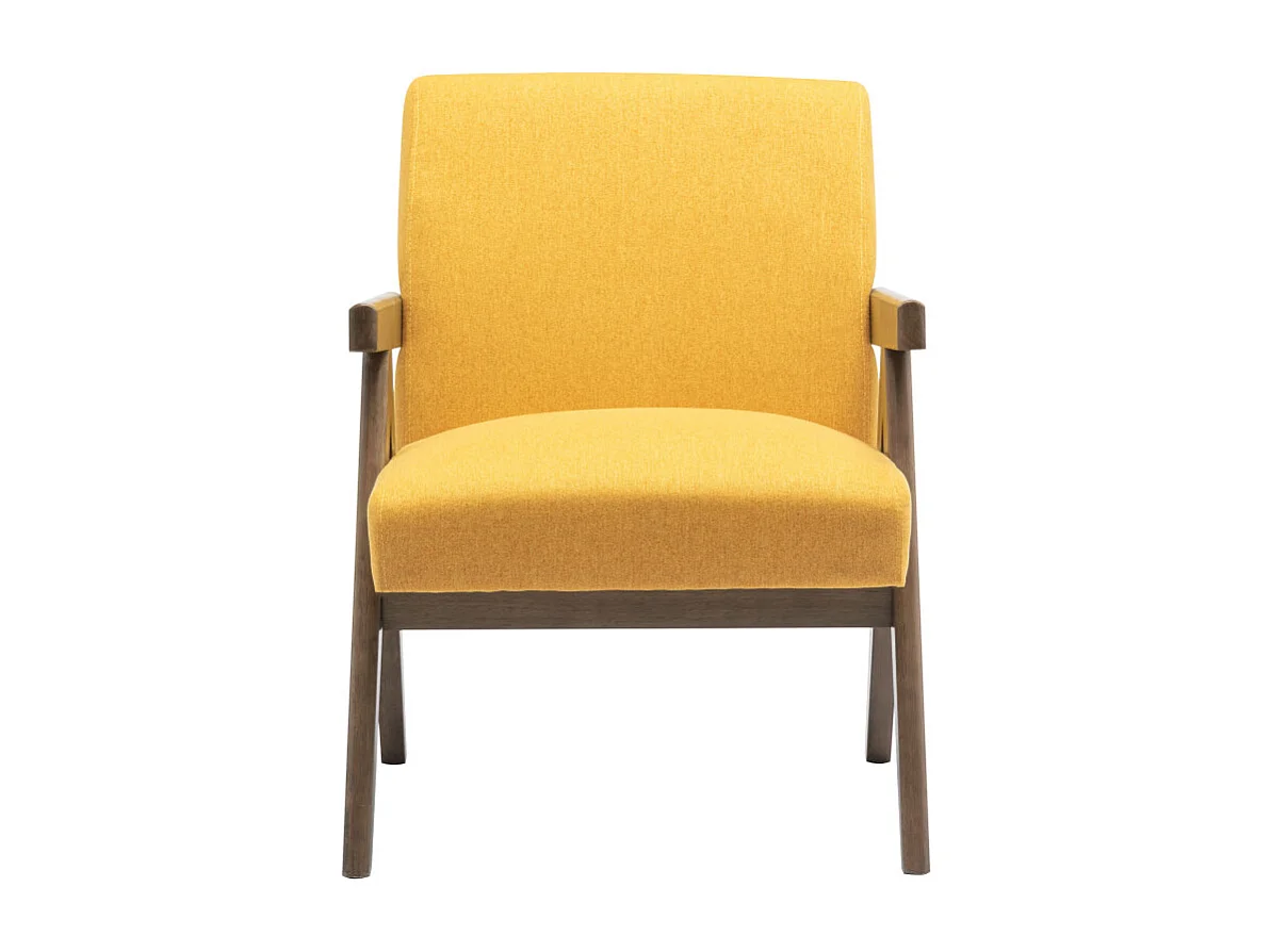 WARREN-Fauteuil lounge en tissu Moutarde et bois teinté noyer gris