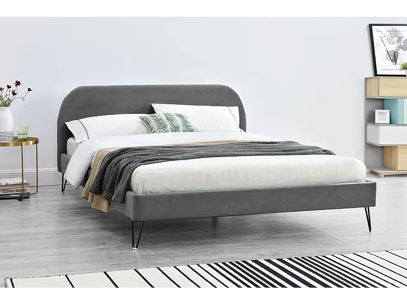 Structure de lit 160 x 200 cm en velours gris et pieds noirs PHOENIX