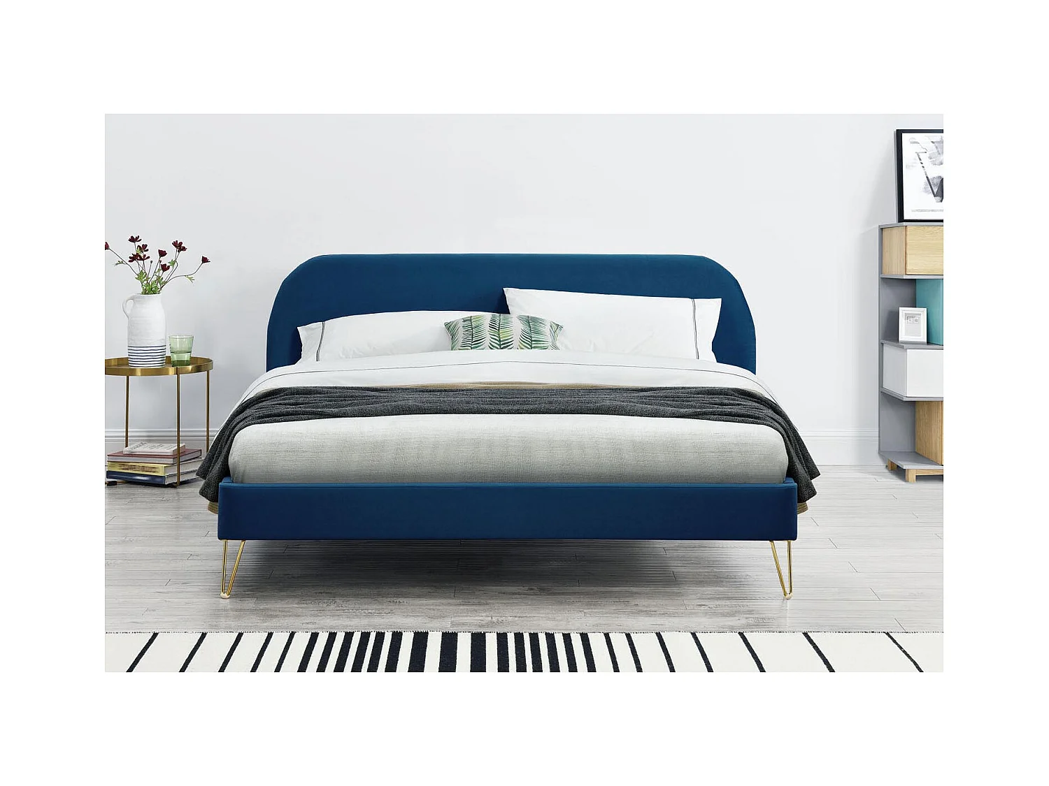 Cama 160x200 Veludo Azul & Pés Latão PHOENIX