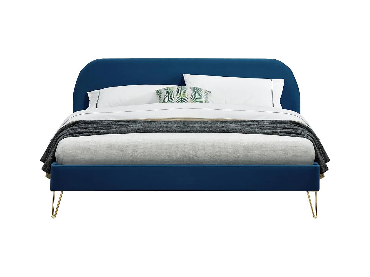 Cama 160x200 Veludo Azul & Pés Latão PHOENIX