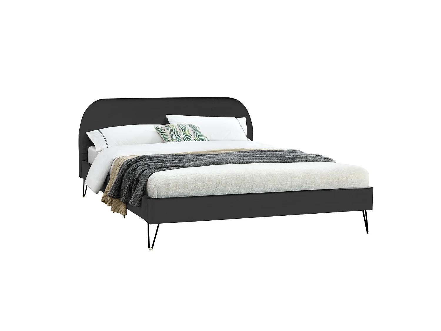Lit 140 x 190 cm en velours noir et pieds noirs PHOENIX