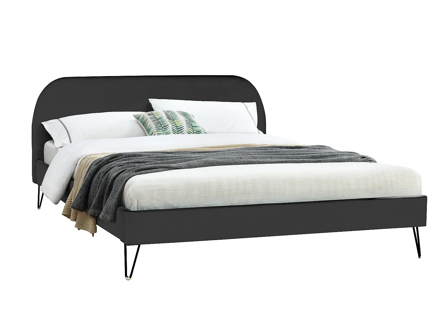 Lit 140 x 190 cm en velours noir et pieds noirs PHOENIX