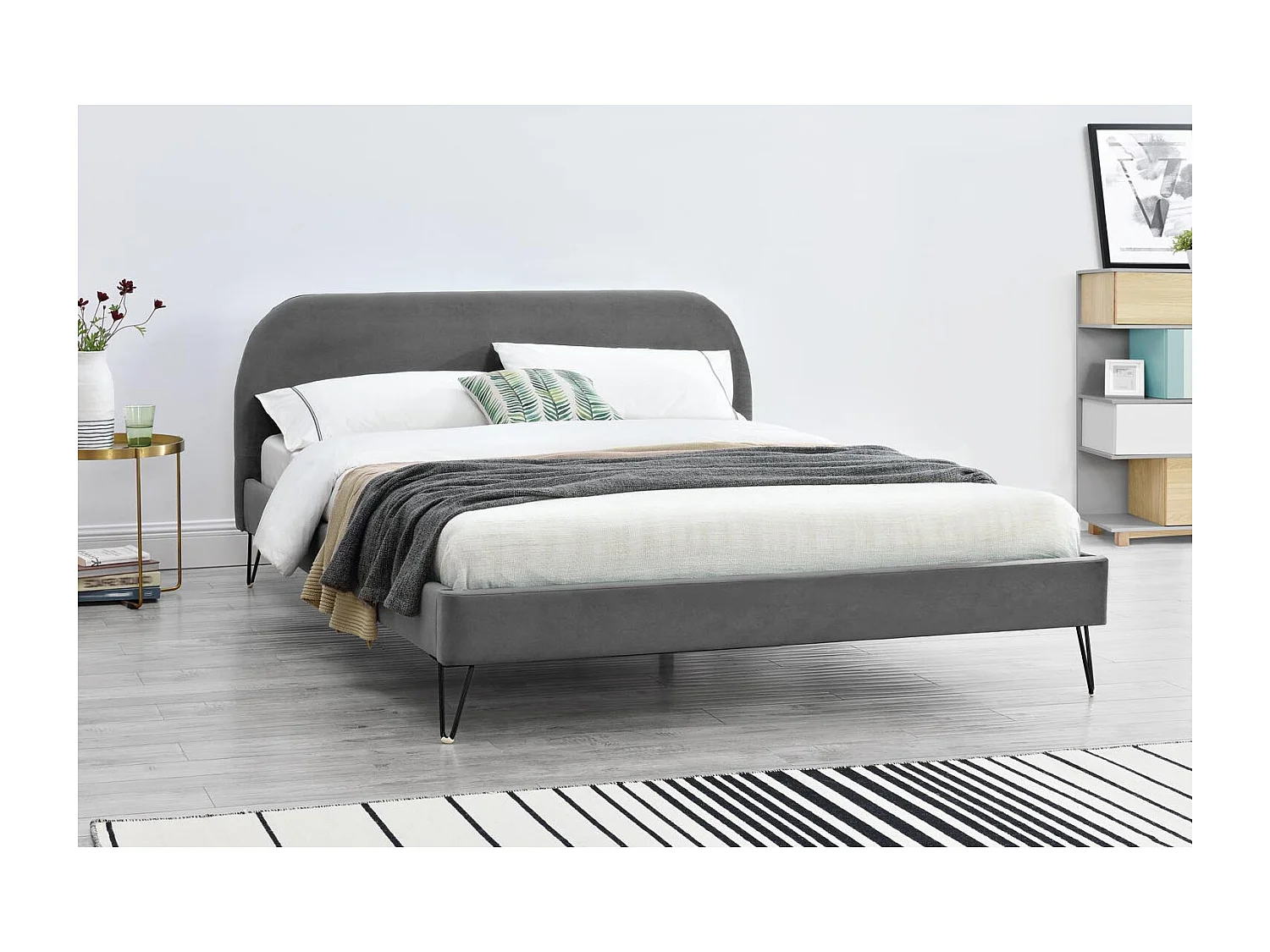 Estrutura de cama em veludo cinza 140x190 cm PHOENIX com pés pretos em metal