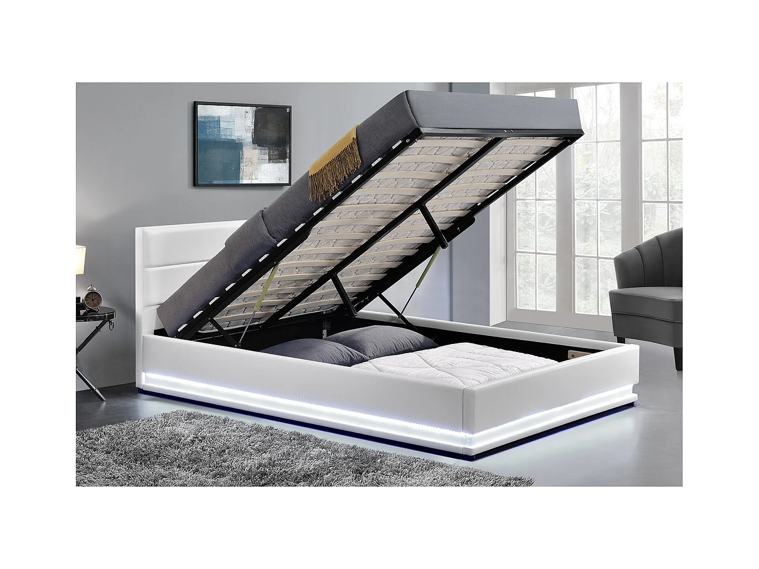 Bedframe in wit PU met opbergruimte en geïntegreerde LED-verlichting 160x200 cm NEW YORK