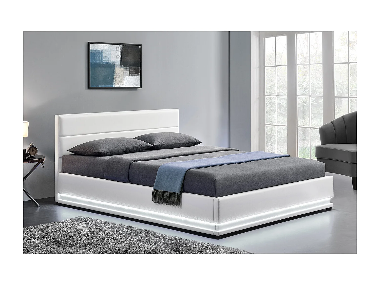 Bedframe in wit PU met opbergruimte en geïntegreerde LED-verlichting 160x200 cm NEW YORK