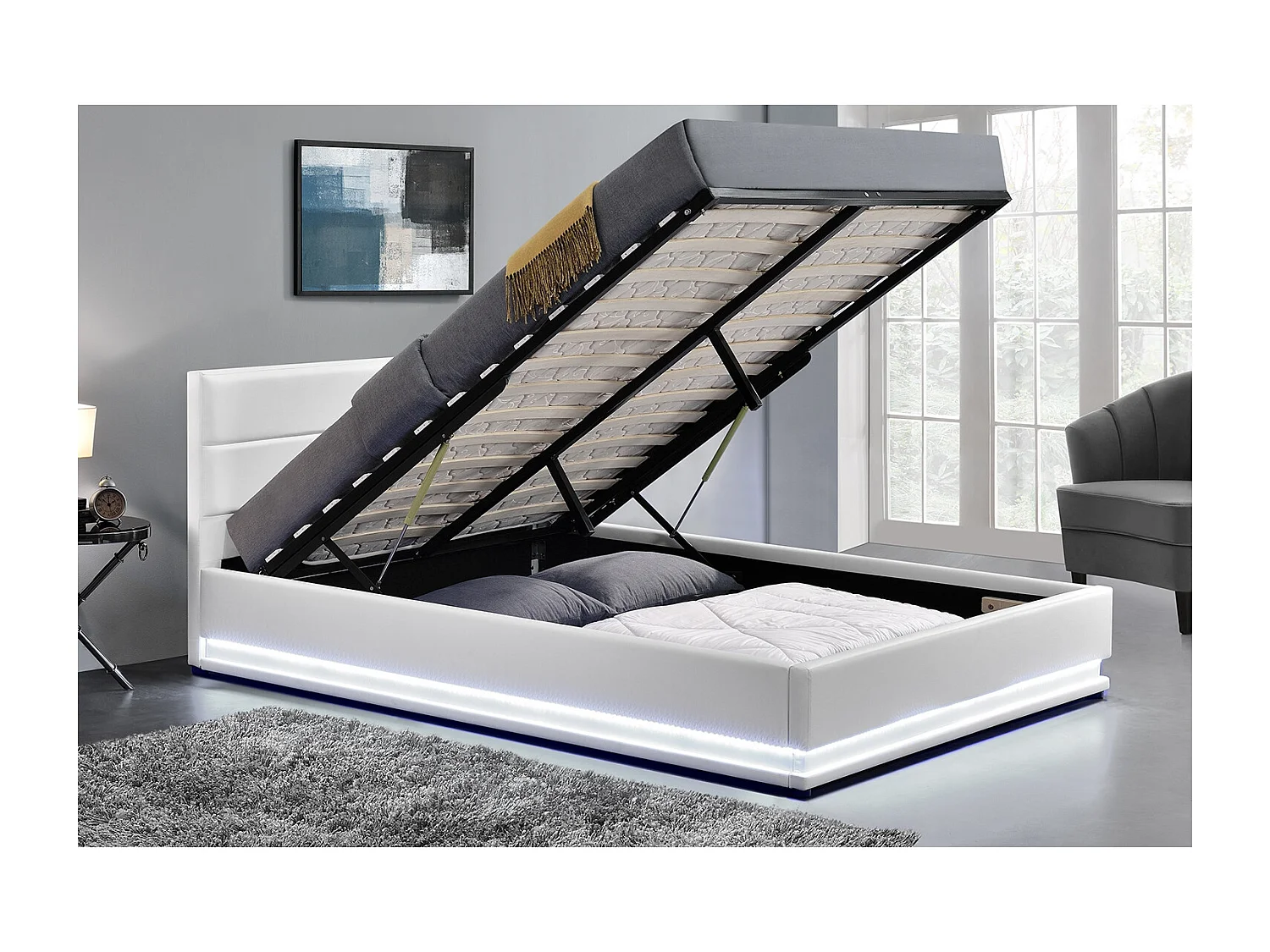 Bedframe in wit PU met opbergruimte en geïntegreerde LED-verlichting 160x200 cm NEW YORK