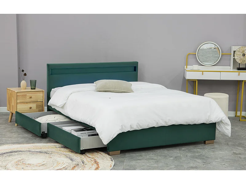 Struttura letto in velluto verde con contenitore e LED integrati 140x190 ENFIELD