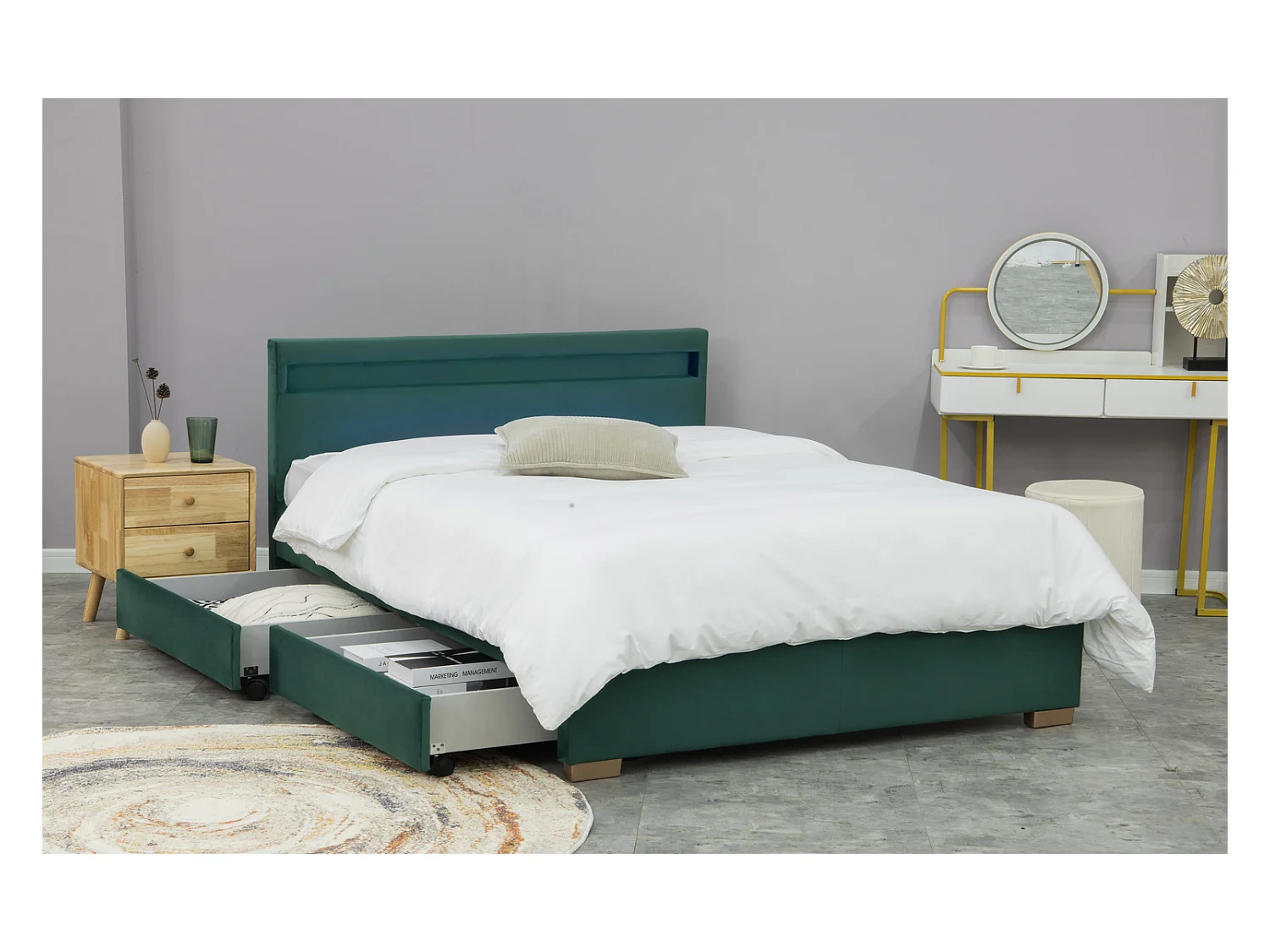 Cama de terciopelo verde con almacenamiento y LED integrados 140x190 ENFIELD