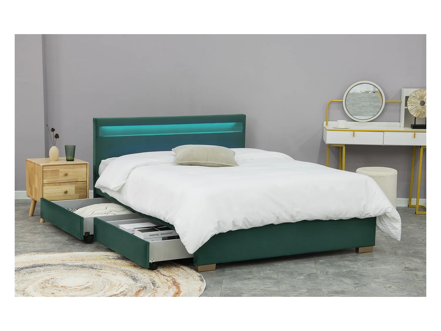 Cama de terciopelo verde con almacenamiento y LED integrados 140x190 ENFIELD