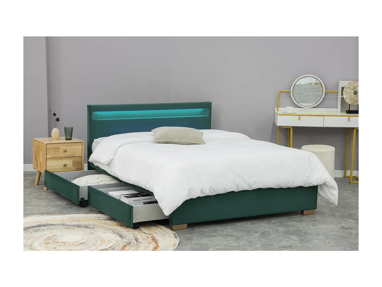 Struttura letto in velluto verde con contenitore e LED integrati 140x190 ENFIELD