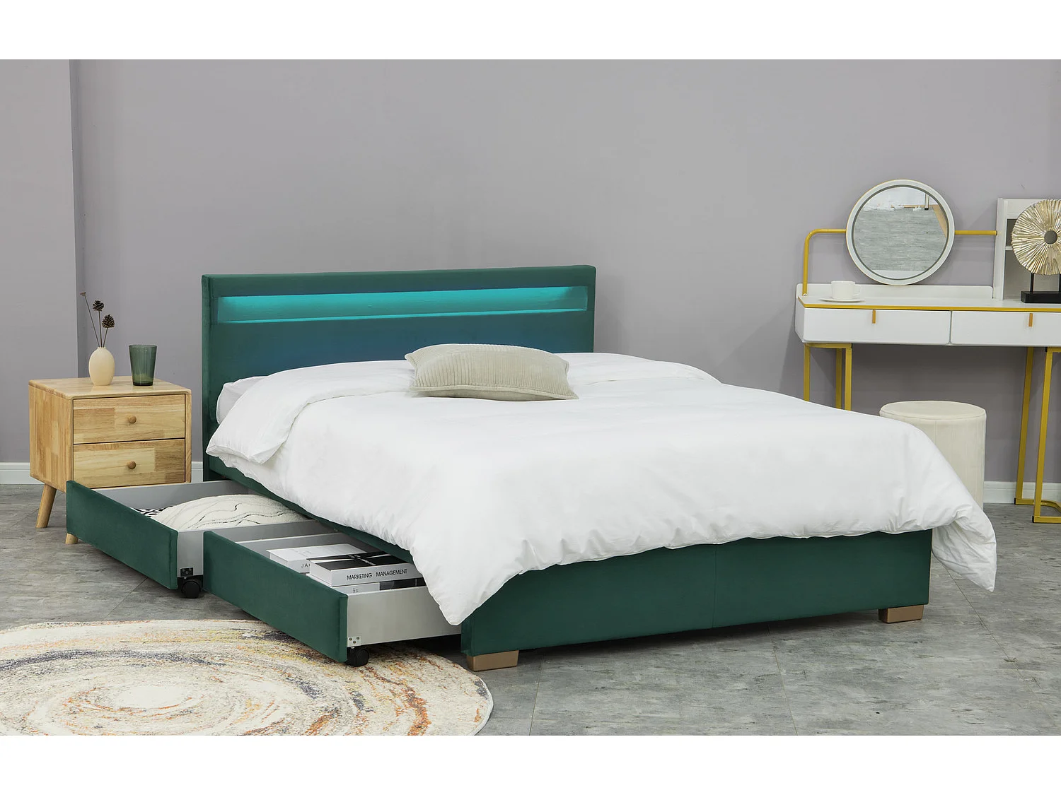 Struttura letto in velluto verde con contenitore e LED integrati 140x190 ENFIELD
