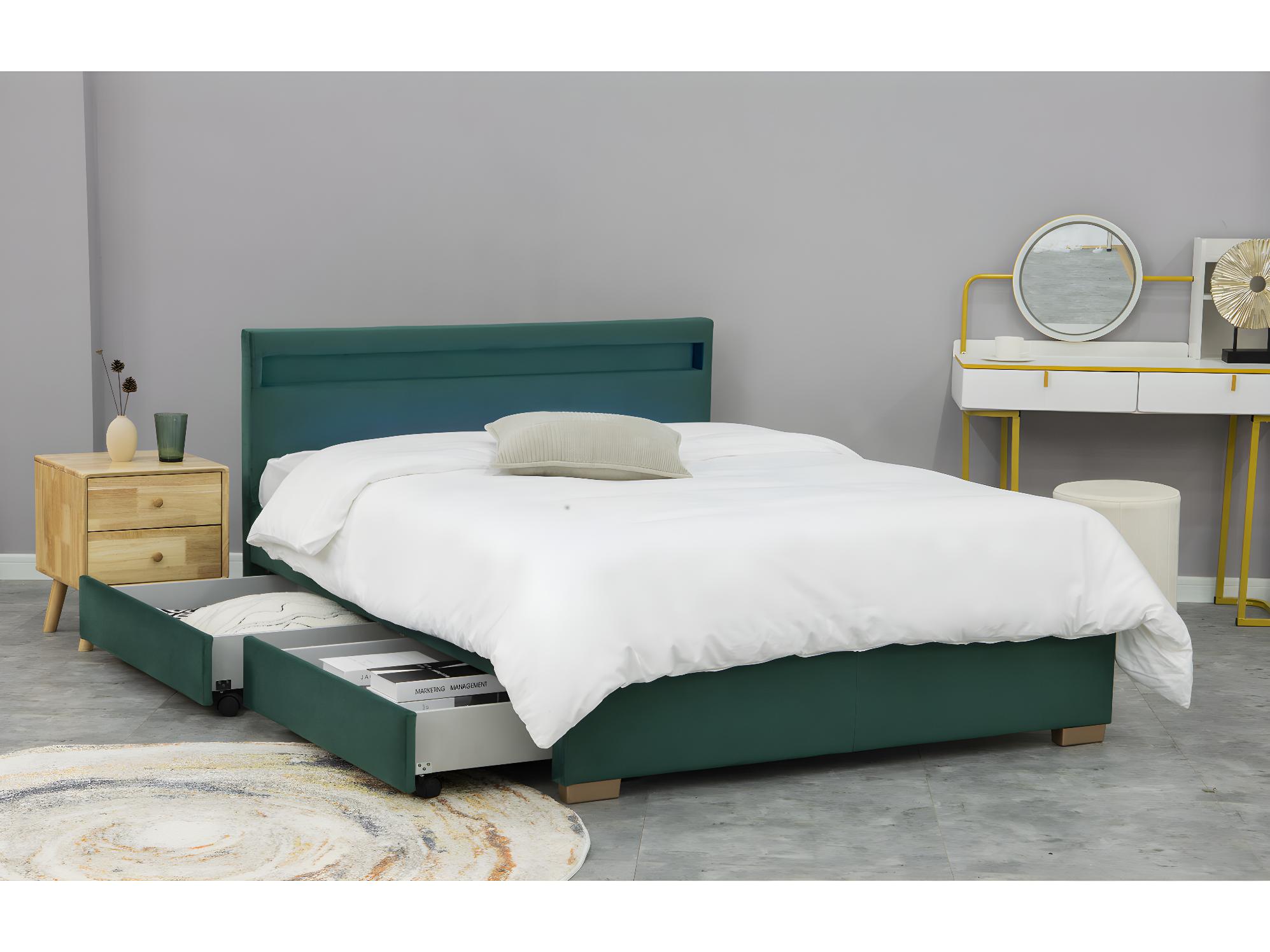 Struttura letto in velluto verde con contenitore e LED integrati 140x190  ENFIELD