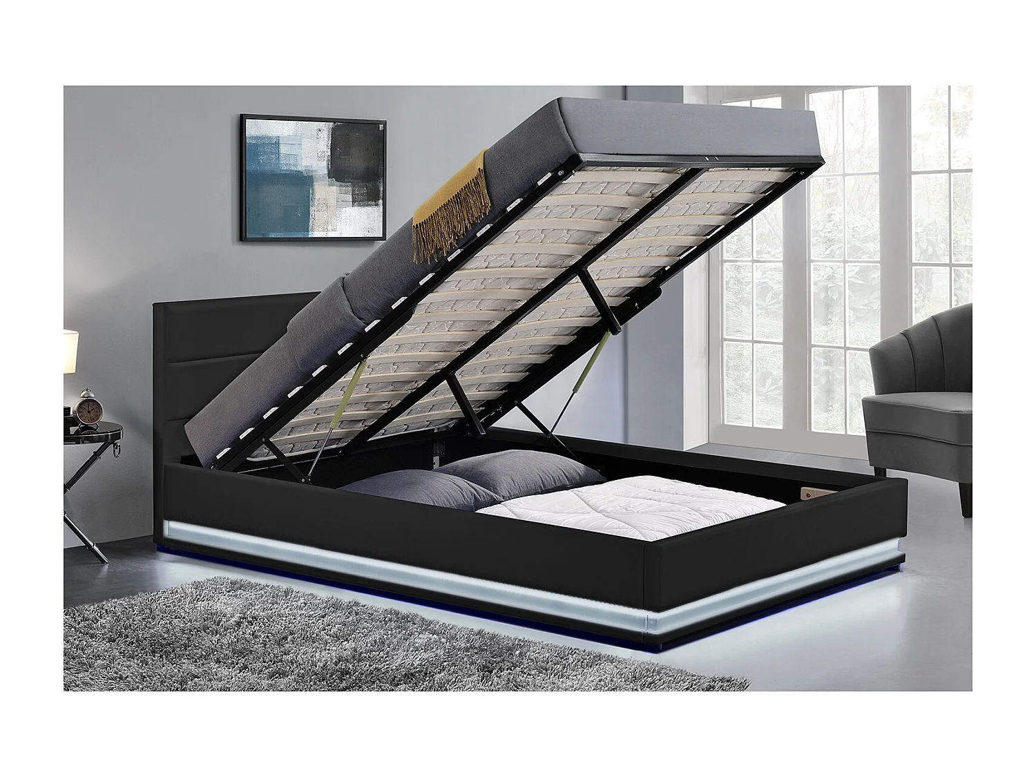 Bedframe van zwart kunstleer met LED-verlichting en geïntegreerde opbergruimte 140x190 cm NEW YORK