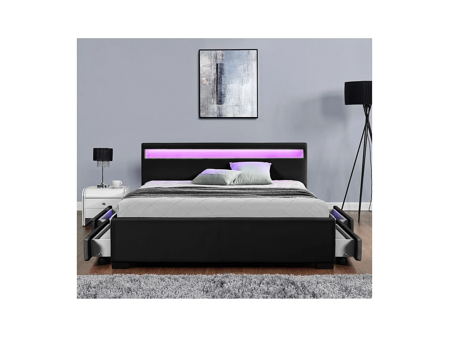 Bed in zwart PU met opbergruimte en geïntegreerde LED-verlichting 140x190 cm Enfield
