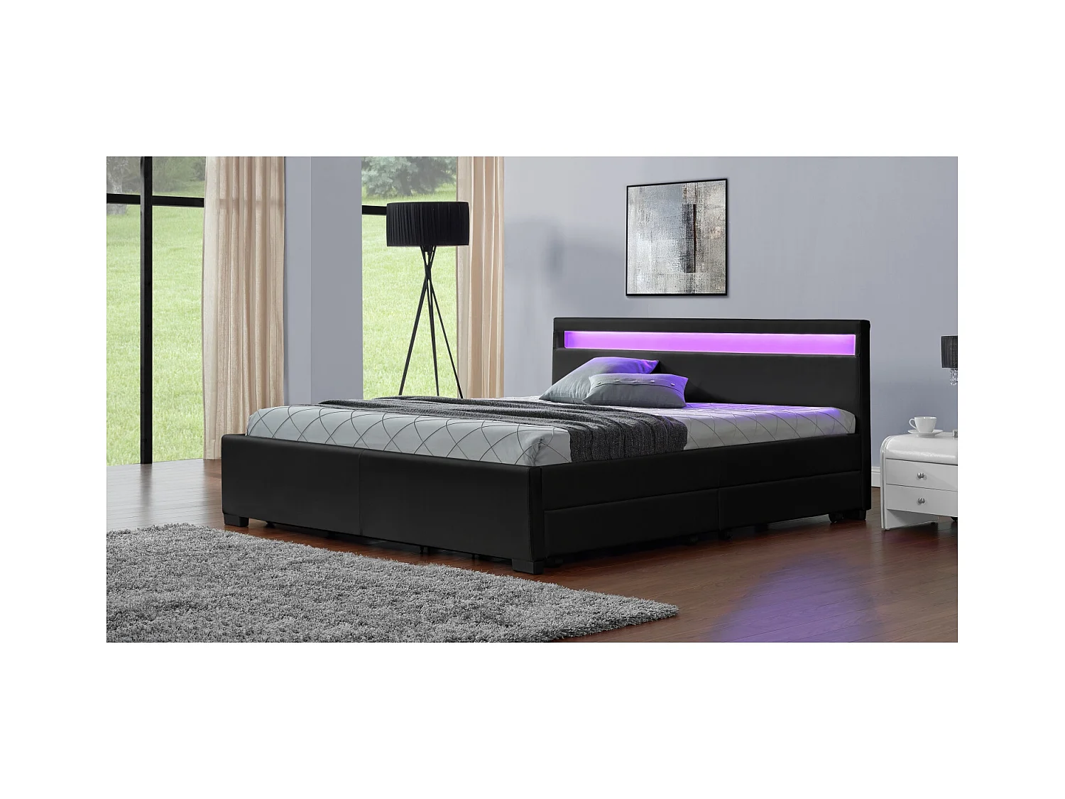Bed in zwart PU met opbergruimte en geïntegreerde LED-verlichting 140x190 cm Enfield