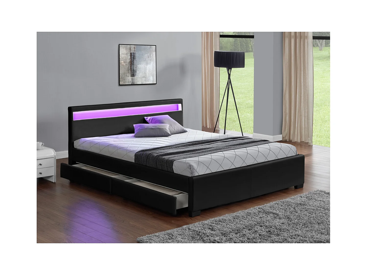 Bed in zwart PU met opbergruimte en geïntegreerde LED-verlichting 140x190 cm Enfield