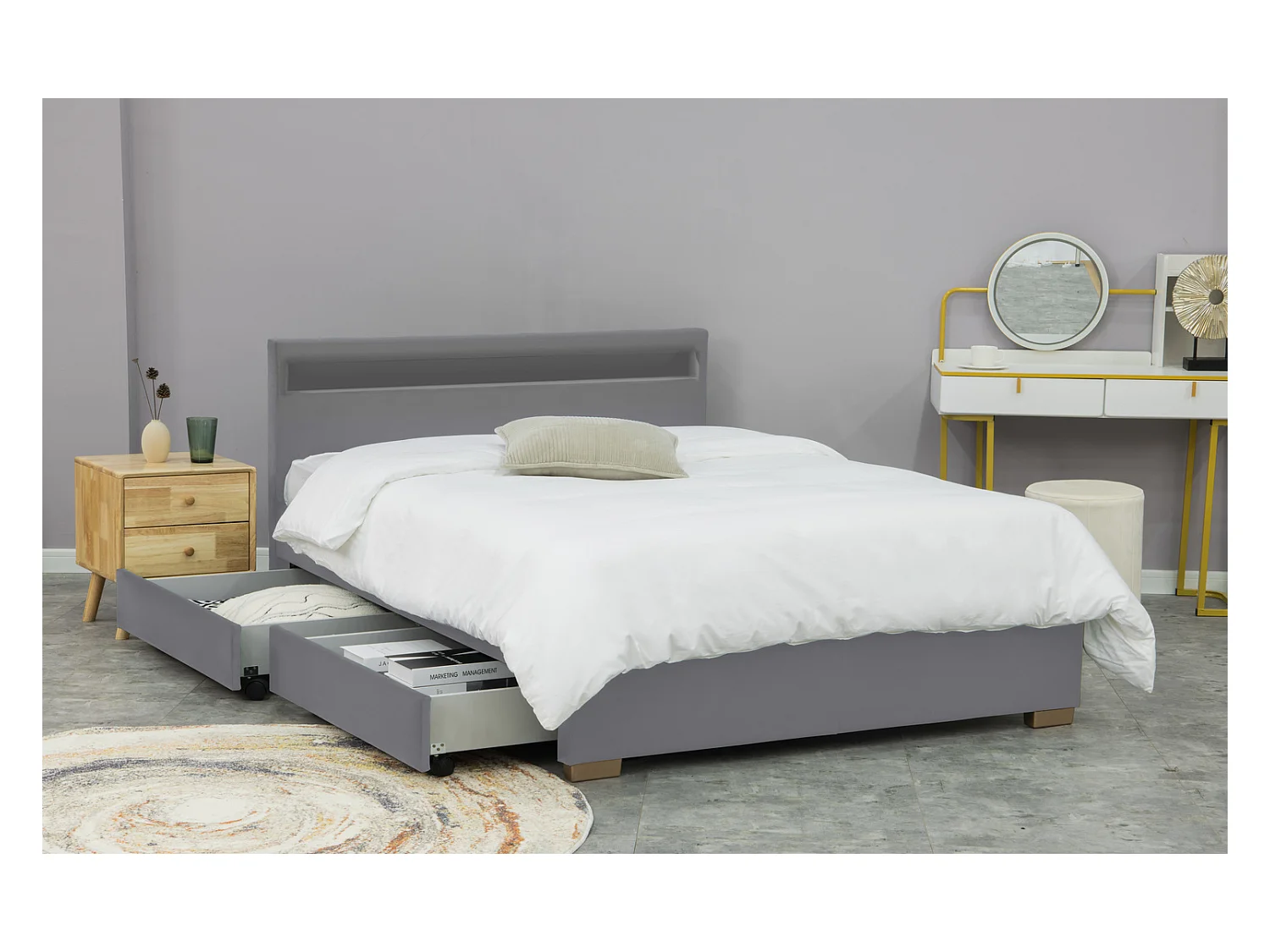 Cama de terciopelo gris con almacenamiento y LED integrados 160x200 ENFIELD