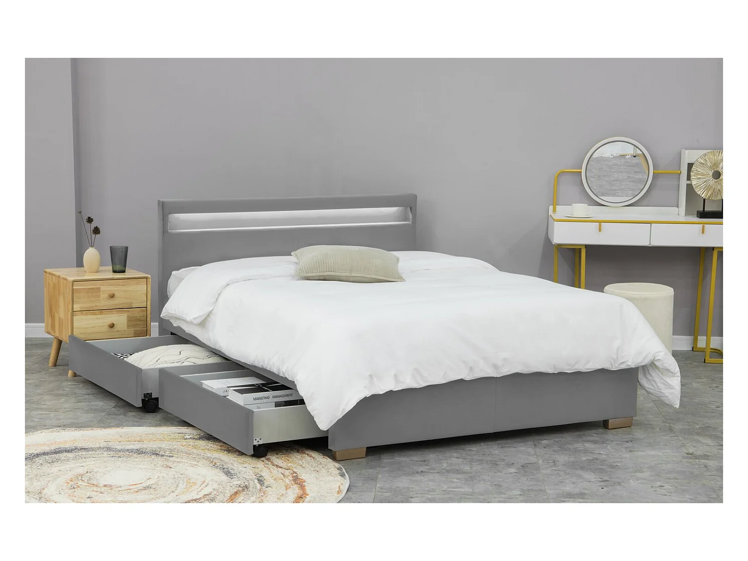 Cama de terciopelo gris con almacenamiento y LED integrados 160x200 ENFIELD