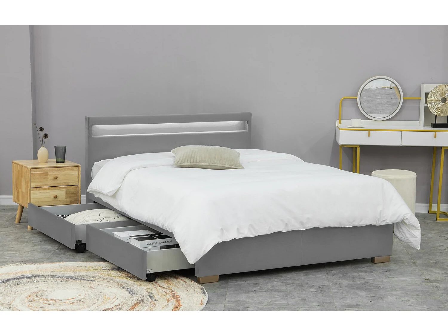 Structure de lit en velours gris avec rangements et LED intégrées 160x200 cm ENFIELD