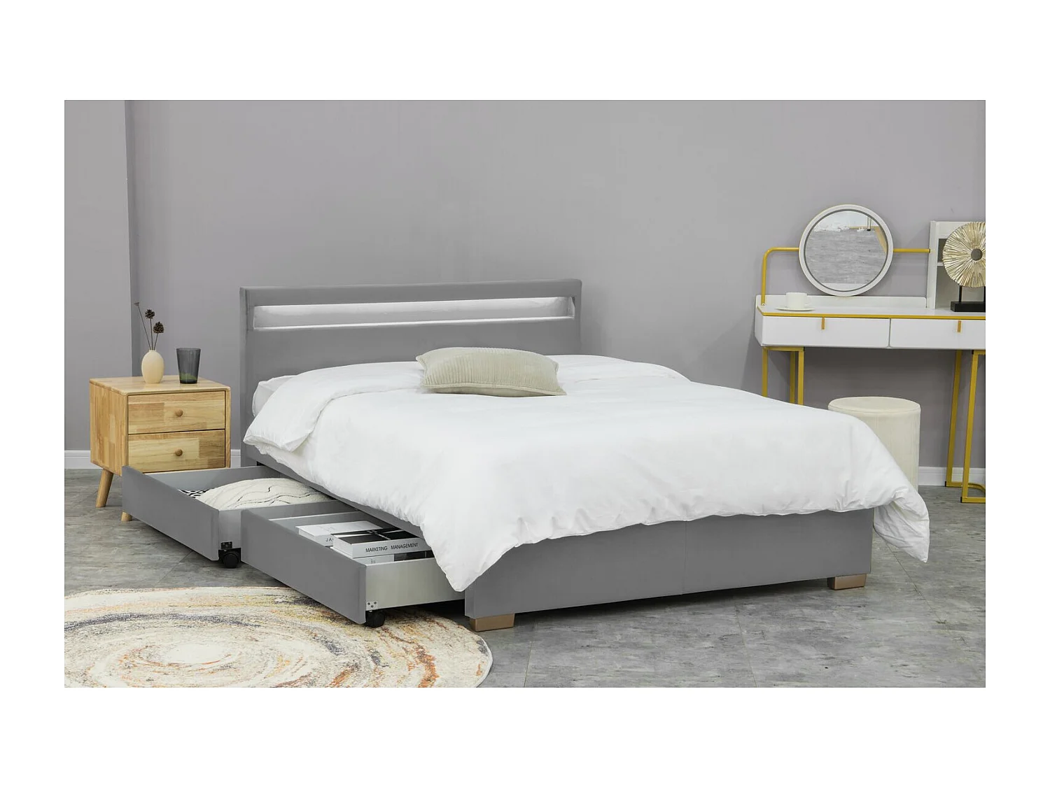 Struttura letto di velluto grigio con contenitore e LED integrati 160x200 ENFIELD