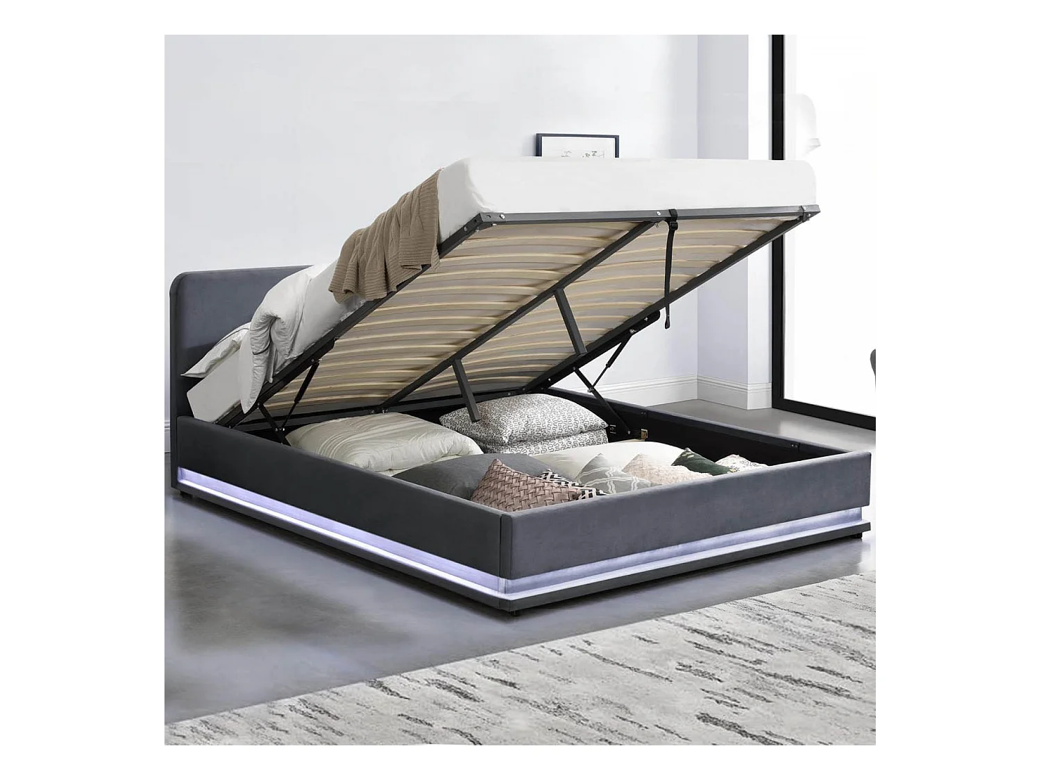Structure de lit avec LED 140 x 190 cm en velours gris NEWYORK