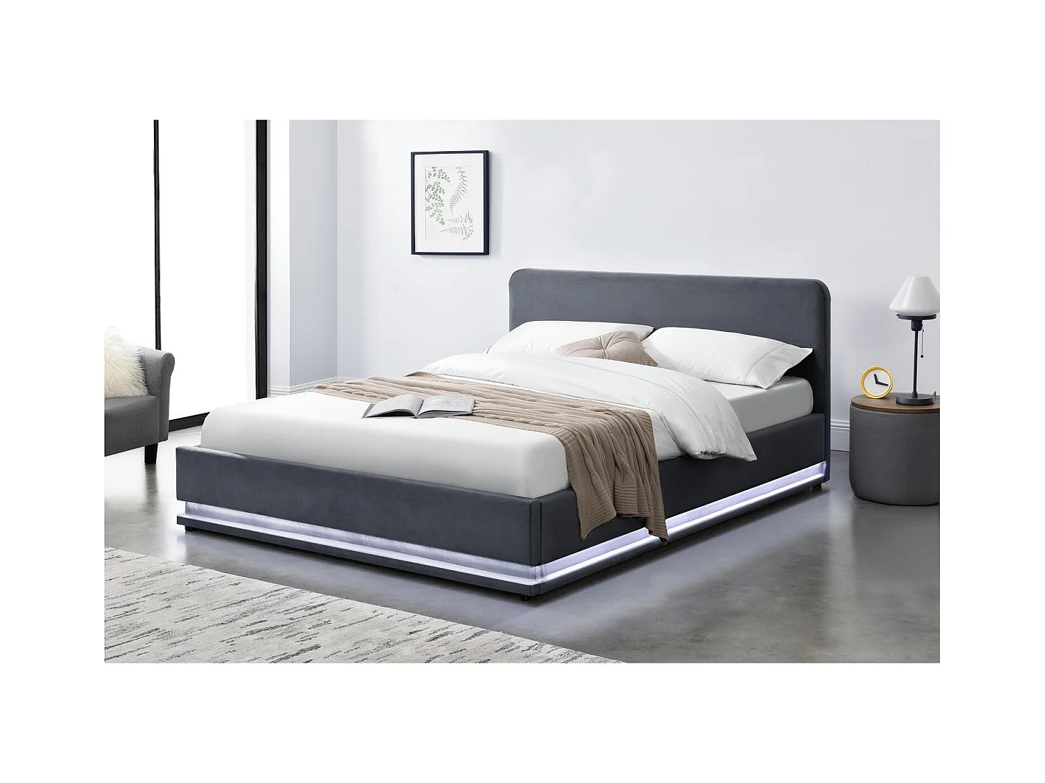 Structure de lit avec LED 160 x 200 cm en velours gris NEWYORK