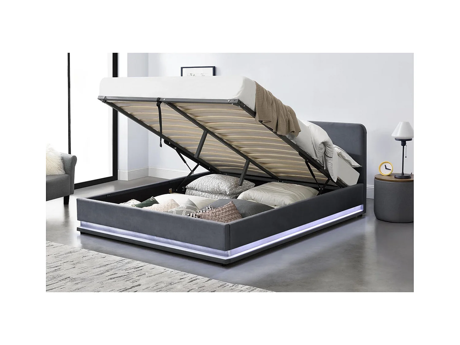 Structure de lit avec LED 160 x 200 cm en velours gris NEWYORK