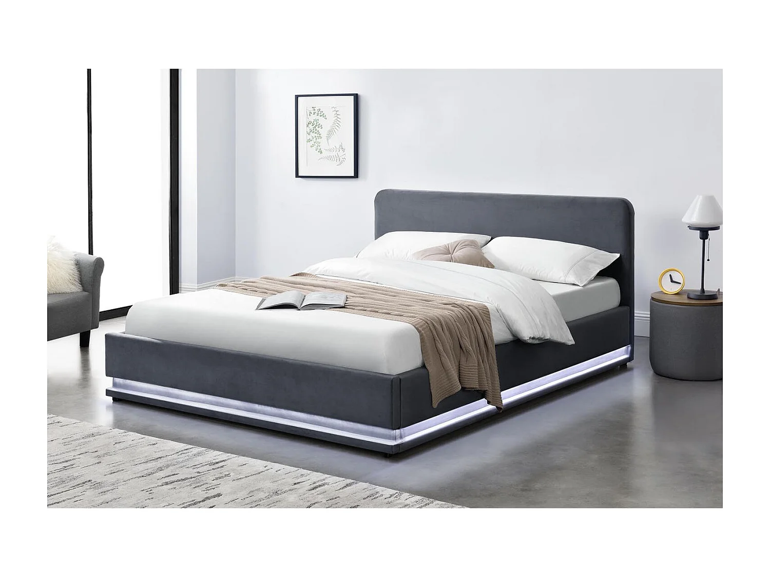 Lit avec led 160 x 200 cm en velours gris NEWYORK