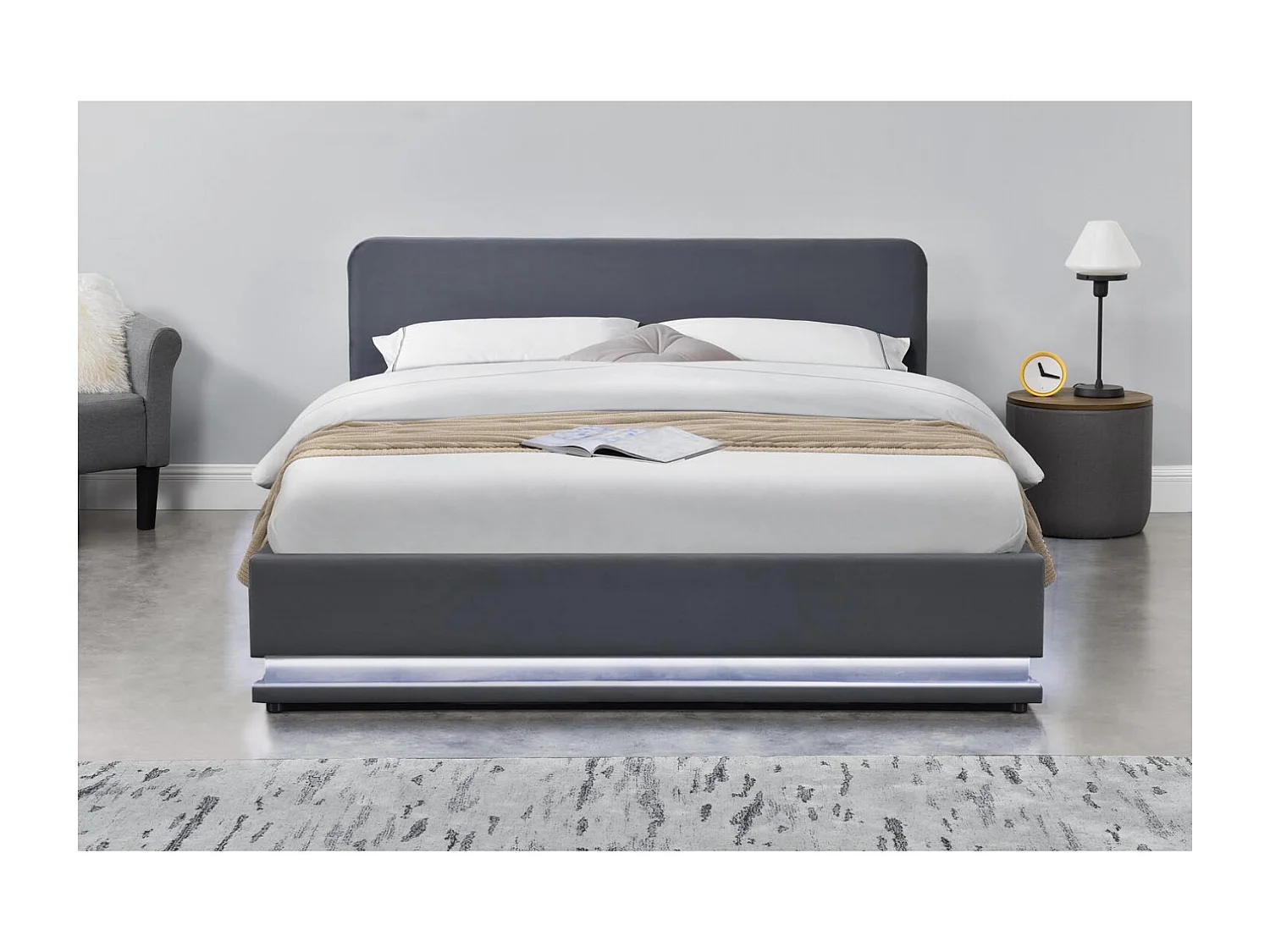 Lit avec led 160 x 200 cm en velours gris NEWYORK