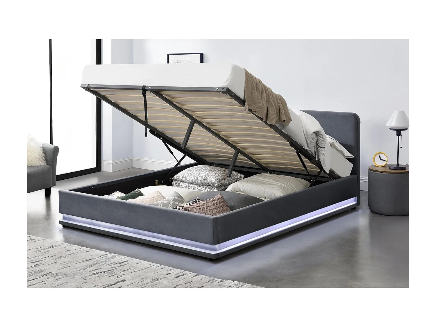 Lit avec led 160 x 200 cm en velours gris NEWYORK