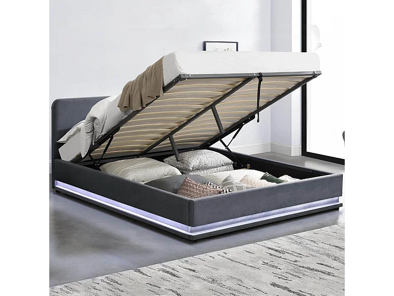 Structure de lit avec LED 160 x 200 cm en velours gris NEWYORK