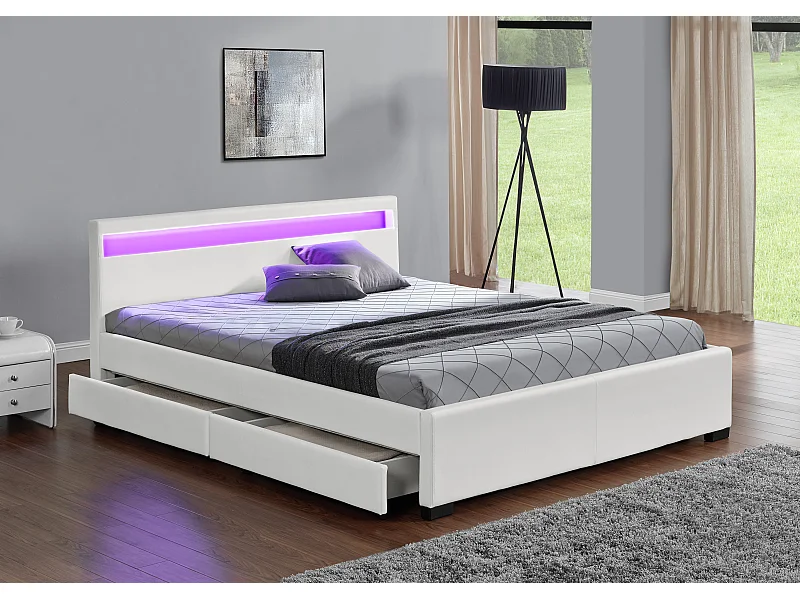 Bed Enfield Wit Kunstleer 140x190 cm met Opbergruimte en Geïntegreerde LED-verlichting