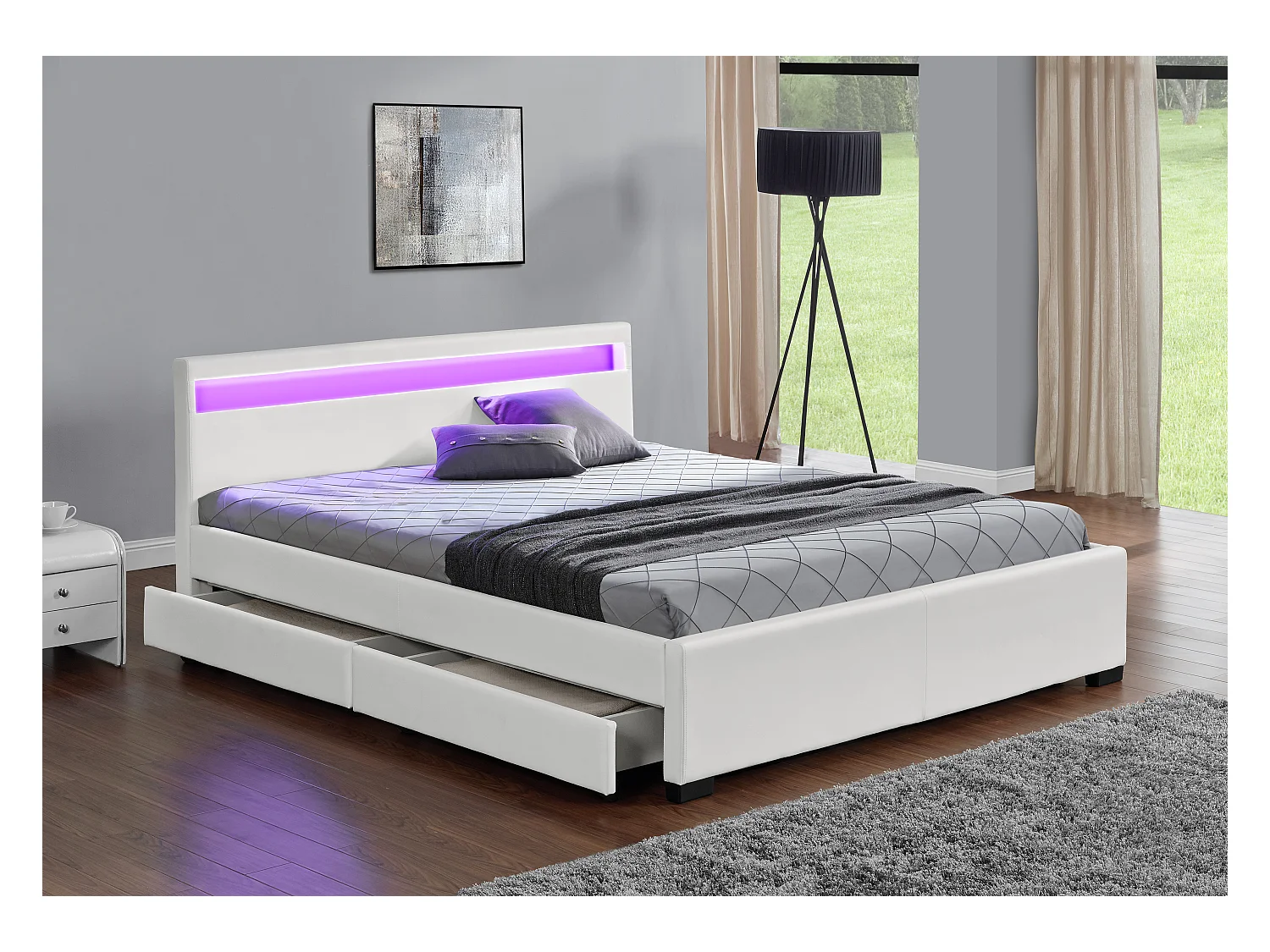 Struttura letto in similpelle bianca con contenitore e LED 160x200 cm ENFIELD