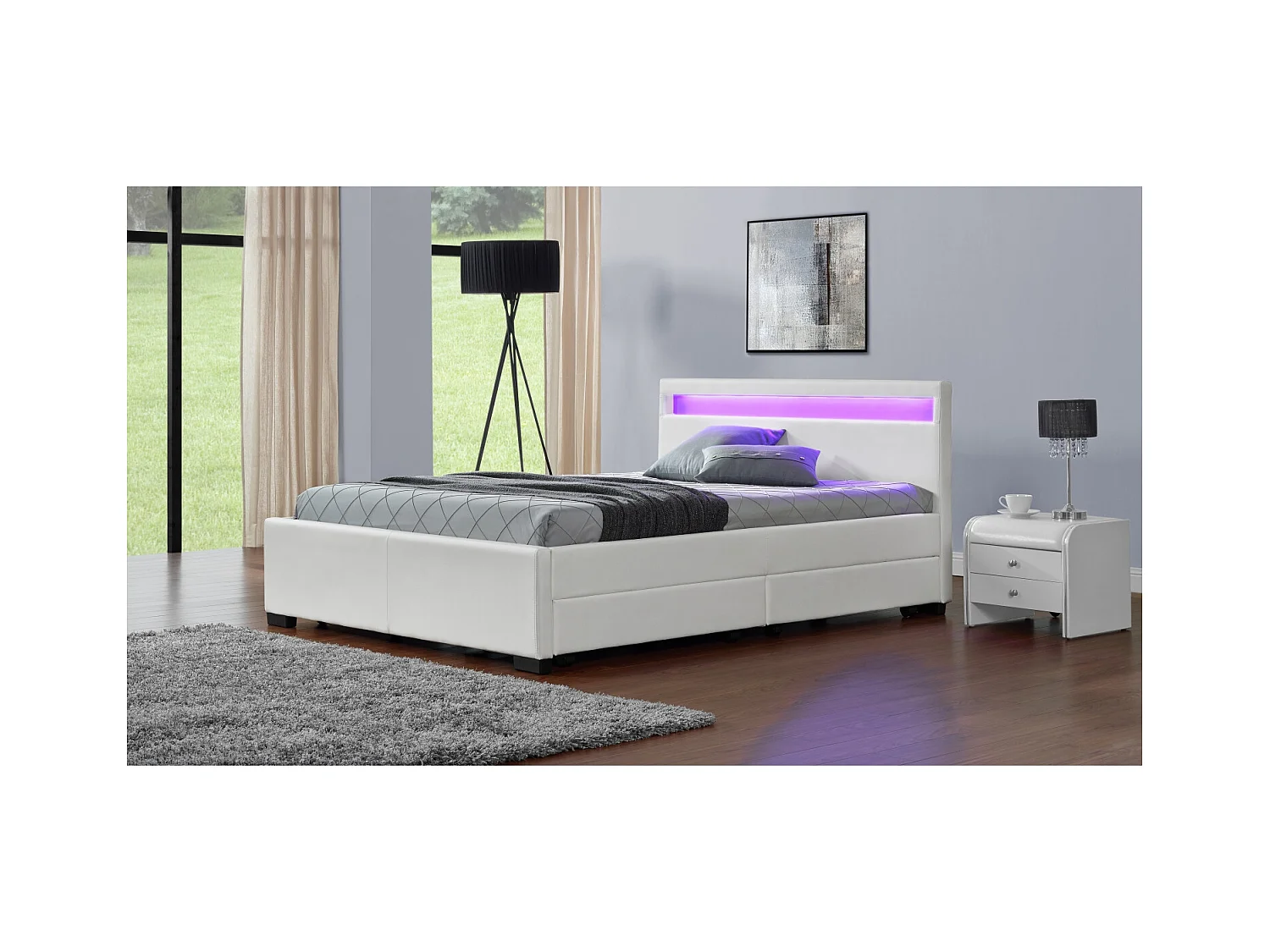 Struttura letto in similpelle bianca con contenitore e LED 160x200 cm ENFIELD