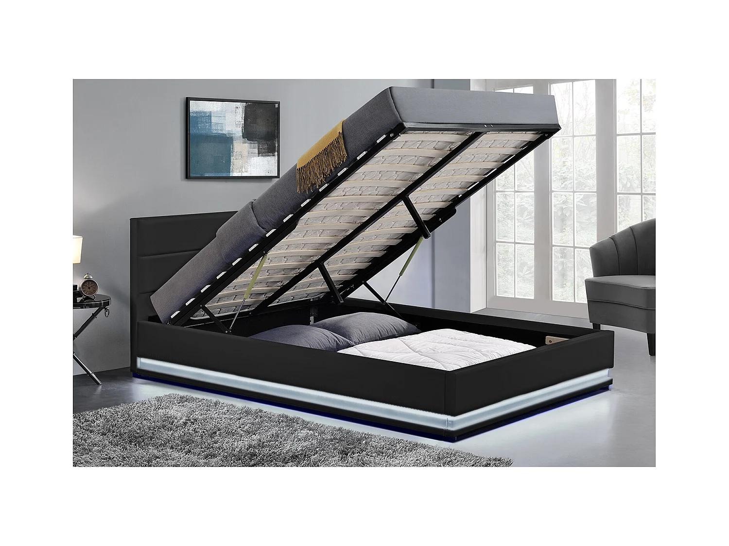 Structure de lit LED avec rangements 160 x 200 cm noir NEWYORK