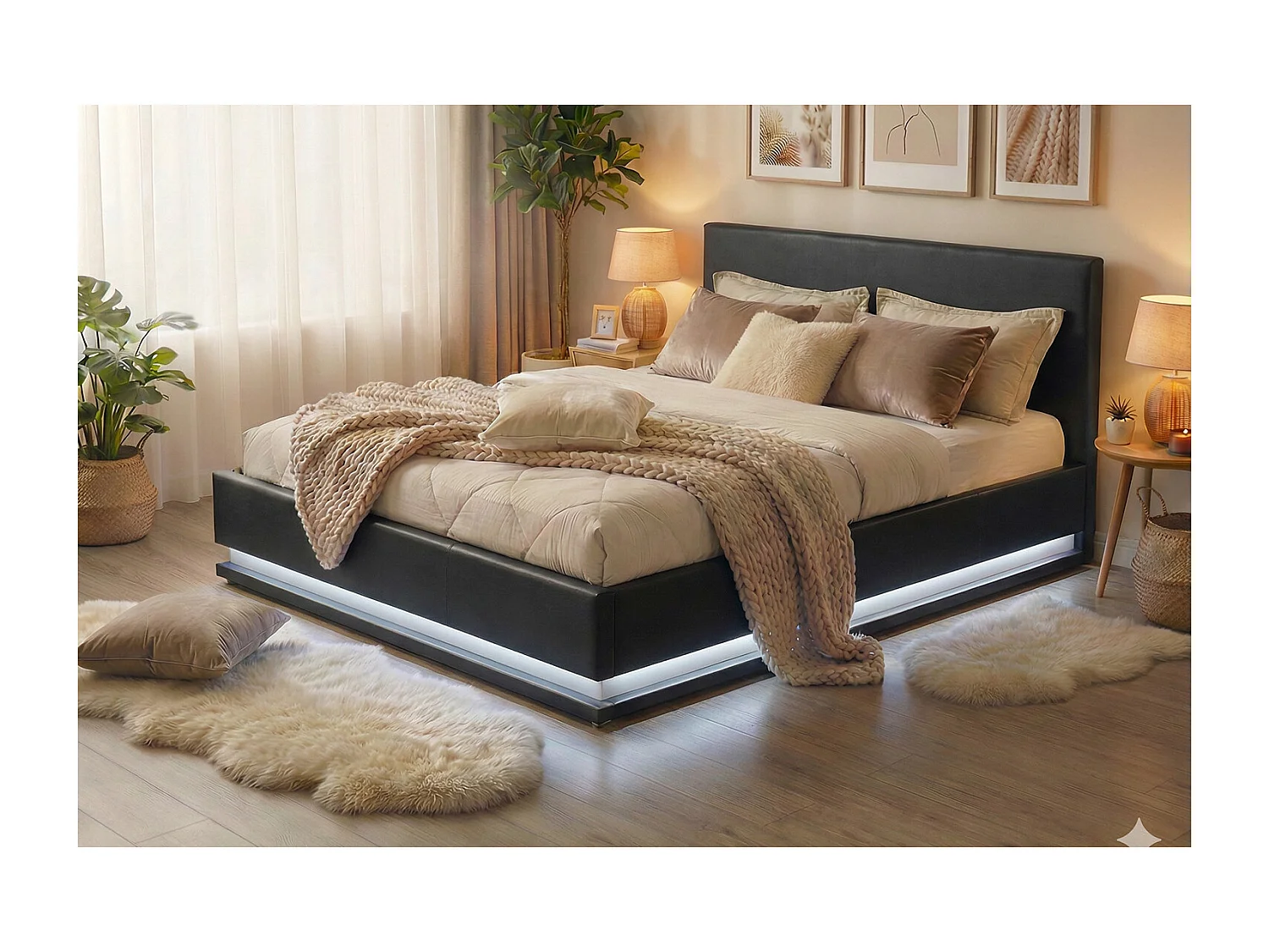 Bedframe in zwart PU met opbergruimte en geïntegreerde LED-verlichting 160x200 cm NEW YORK