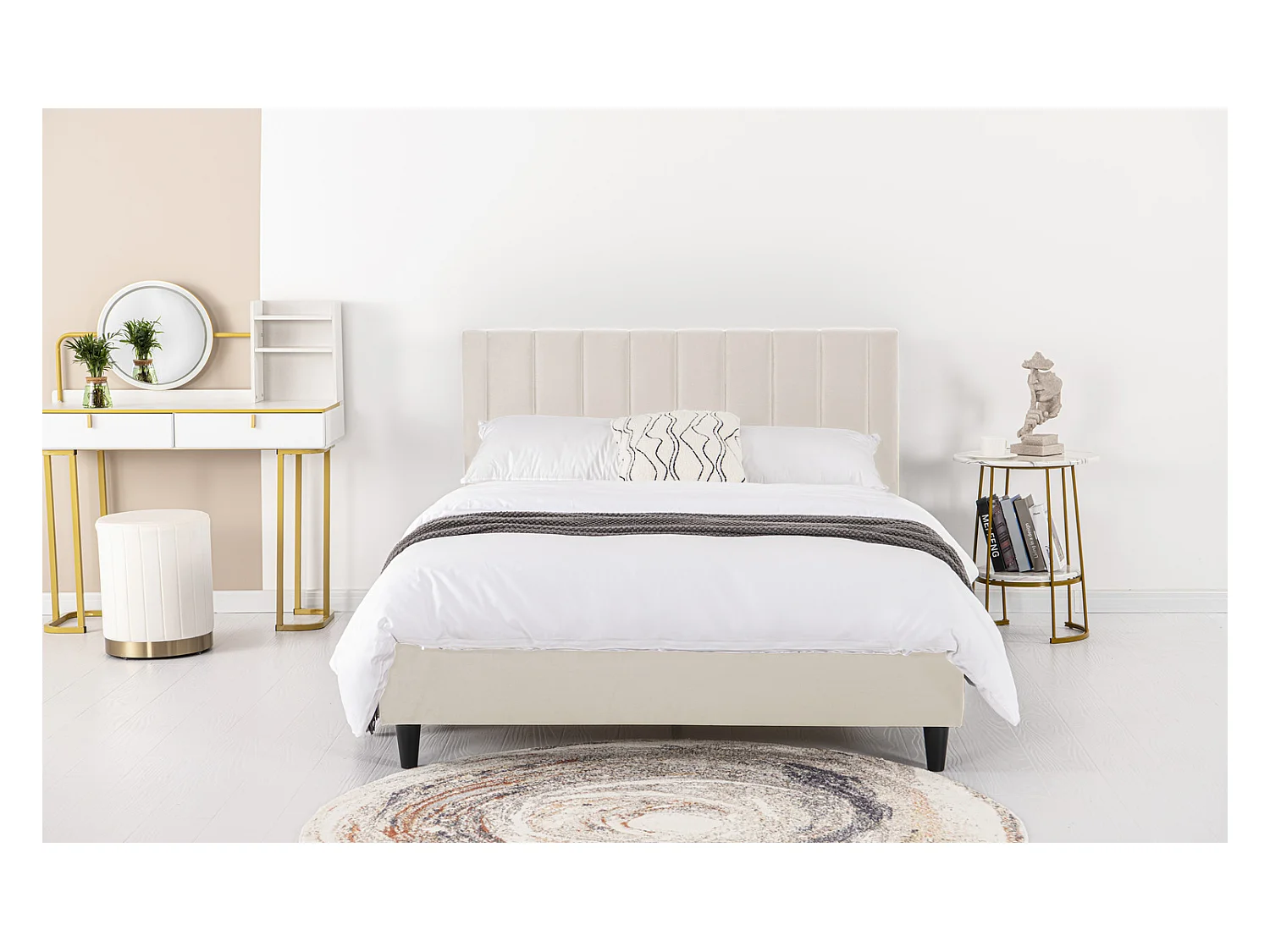 Lit 140x190 cm en velours beige CAMBRIDGE