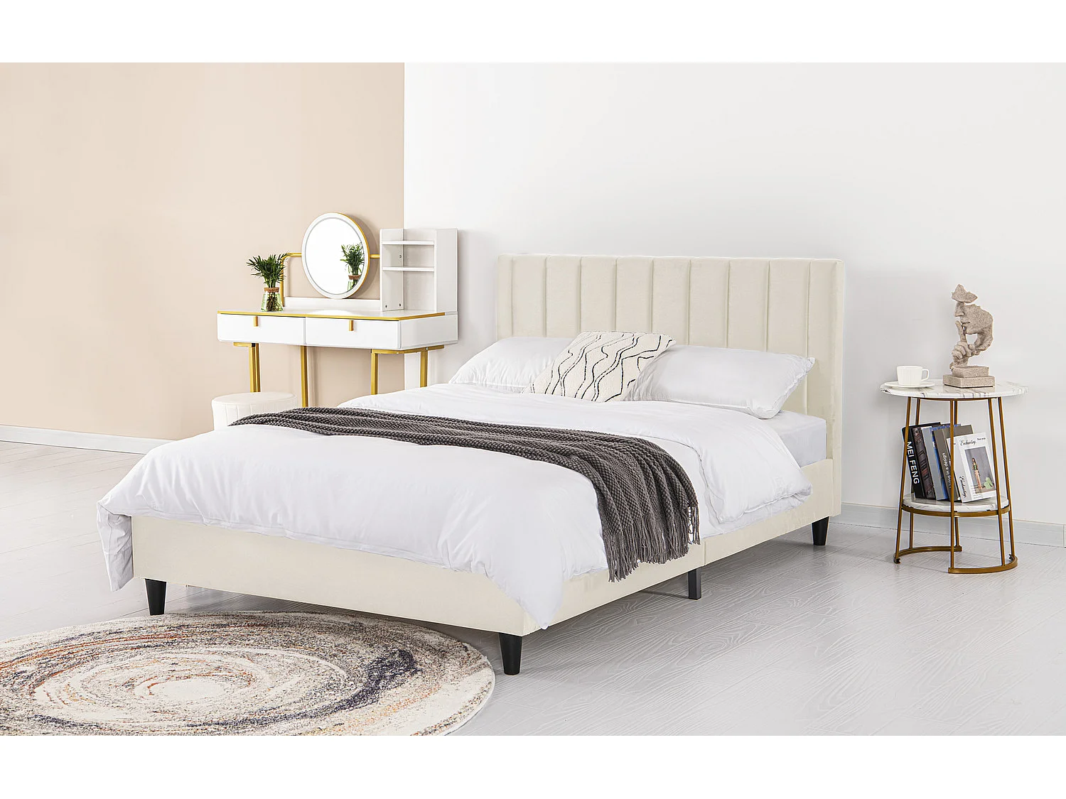 Lit 140x190 cm en velours beige CAMBRIDGE