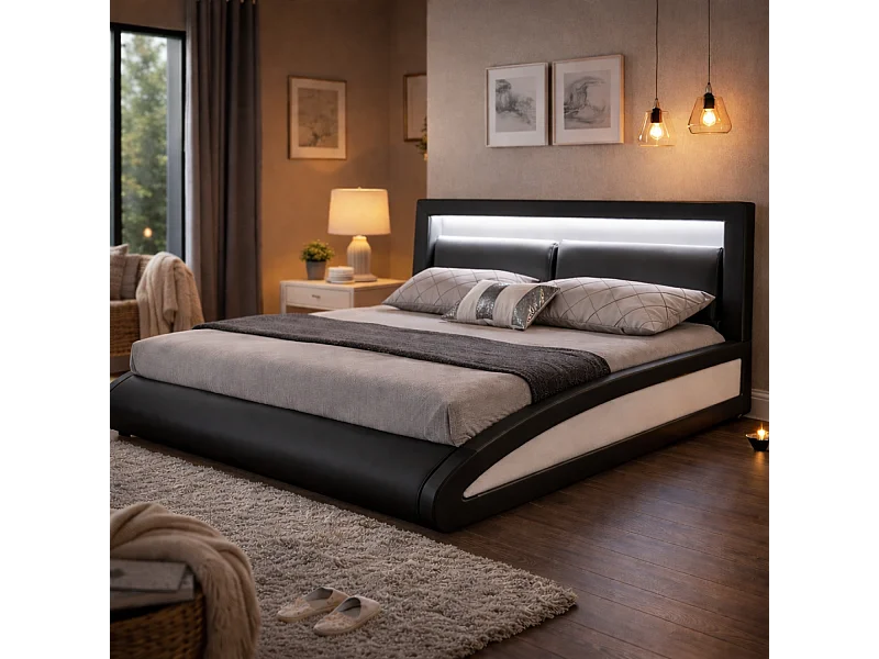 Bettgestell mit LED 140 x 190 cm in schwarzem PU BRIXTON