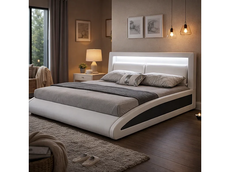 Bedframe van wit PU met geïntegreerde LED-verlichting 140x190cm BRIXTON - Eigentijds design met multicolor LED-verlichting
