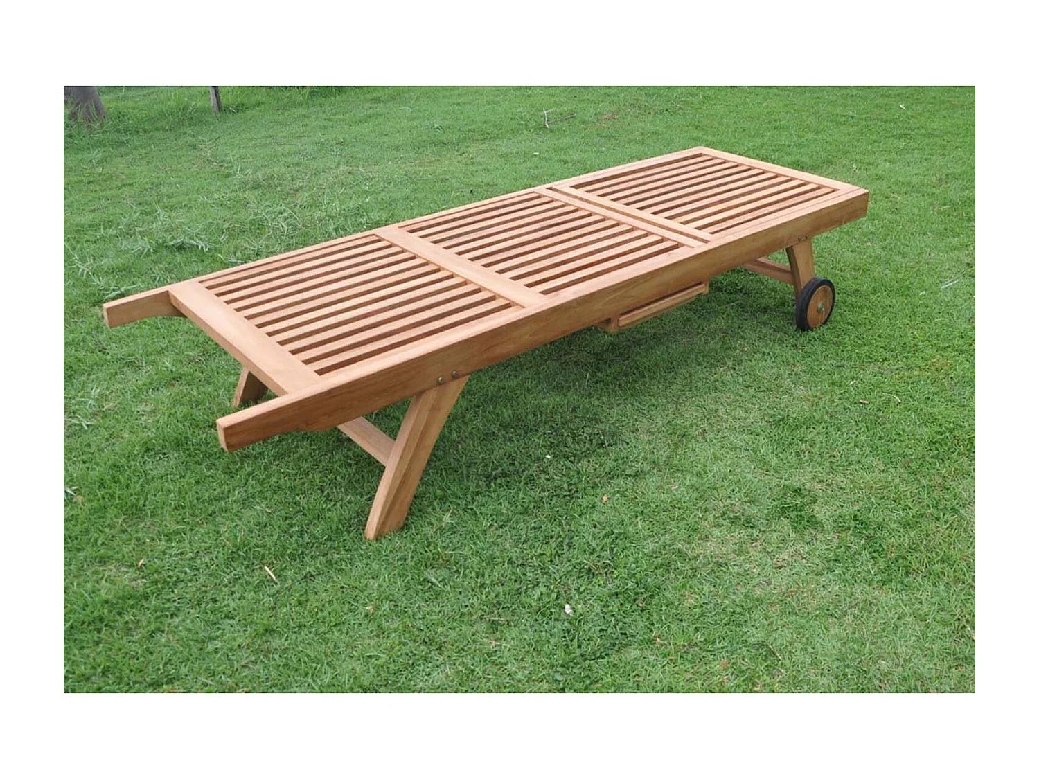 Transat en Teck avec Roues et Plateau TAMANA - Bain de Soleil Réglable pour Extérieur